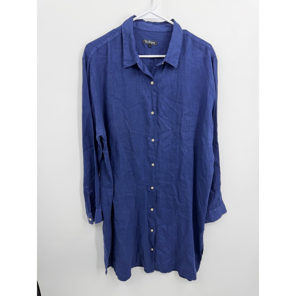 Yachtpur Linen Button Down‎ Shirt Women Size L Blue Long Sleeve Tunic Relaxed